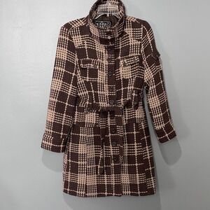 Last Kiss Plaid Trench Coat Wmns L Brown Woven Belted Classic Chic Jacket Lined